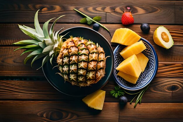 Foto ananas e ananas su un tavolo di legno