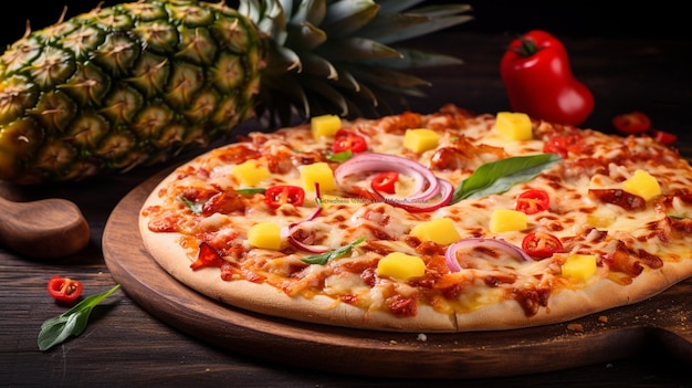 Photo pineapple and pizza with chicken