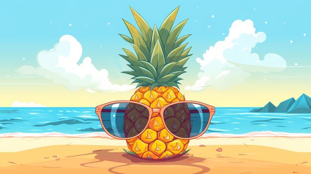 Pineapple in the sand on the beach cartoon