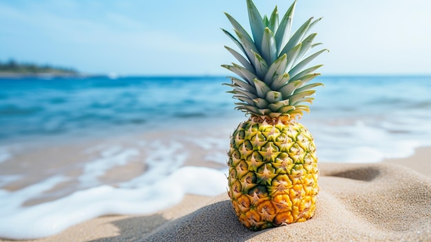 pineapple in the sand of the sea