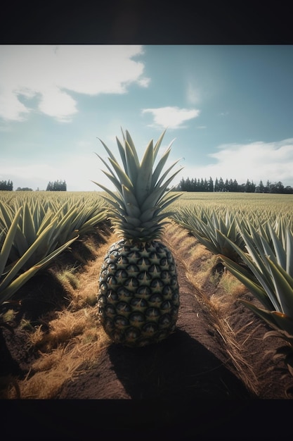 A pineapple sits in a field of pineapples.