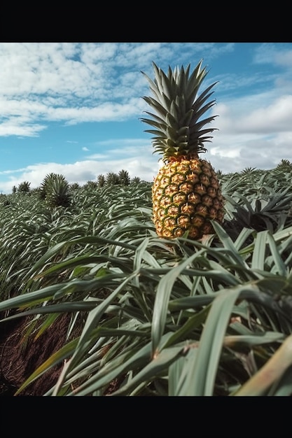 A pineapple sits in a field with a blue sky in the background.