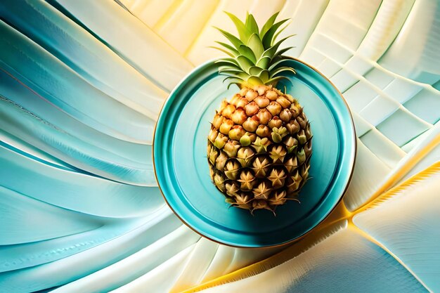 A pineapple sits on a plate with a blue background