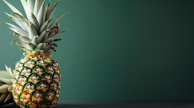 A pineapple sits on a table in front of a green background.