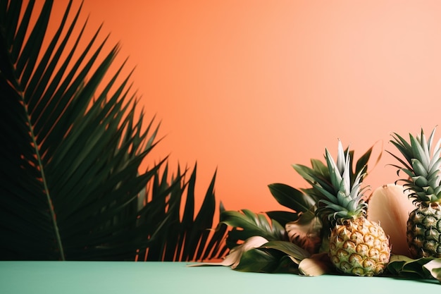 A pineapple sits on a table next to a plant.