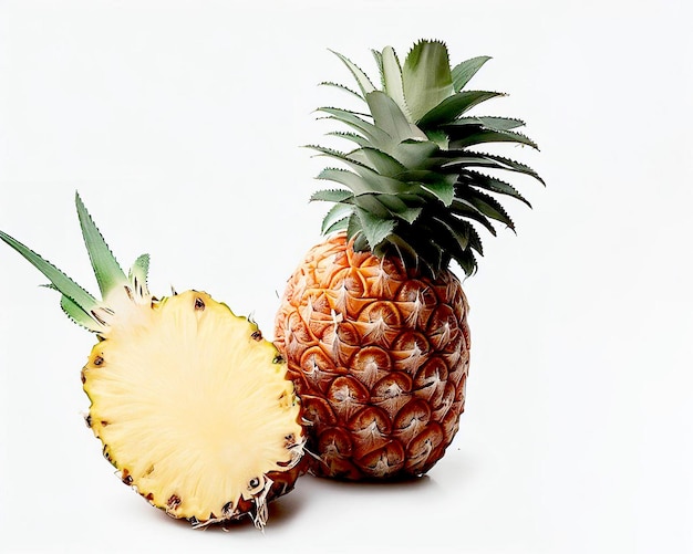 A pineapple and a slice of pineapple are shown.