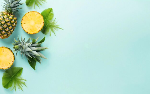 Pineapple slices with mint leaves and ice cubes on blue background