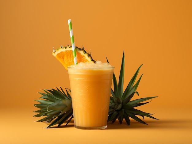 Pineapple smoothie in a glass with straw on an orange background AI Generative