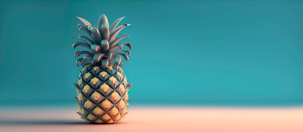 Pineapple in soft solid blue background panoramic generative AI