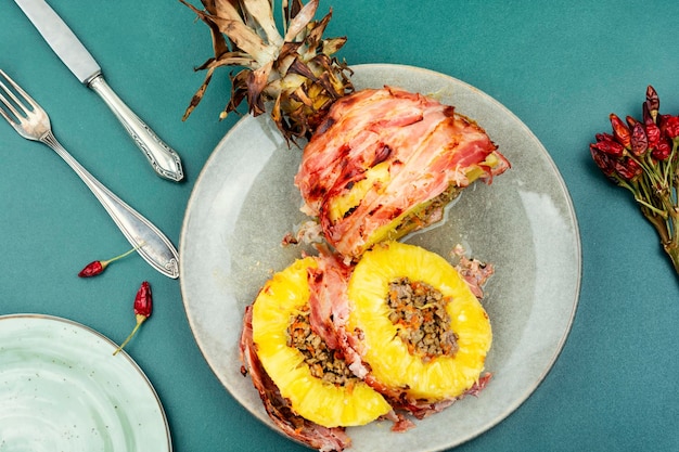 Pineapple stuffed with meat on a plate