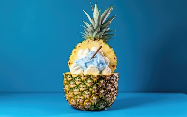 A pineapple sundae with a blue background and ice cream on top