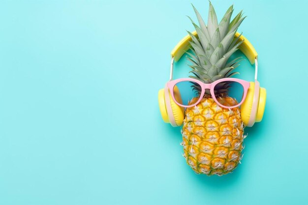 Photo pineapple and sunglasses with earphones and mobile phone summer is coming concept minimal style