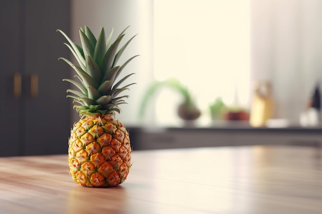 A pineapple on a table in a kitchen