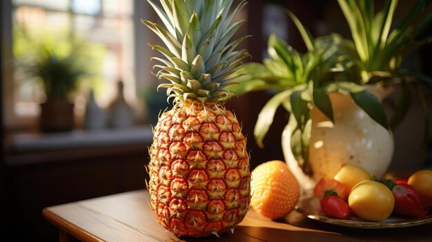pineapple on the table with leaf ornaments and blur background