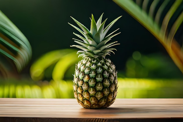 A pineapple on a table with a tropical background