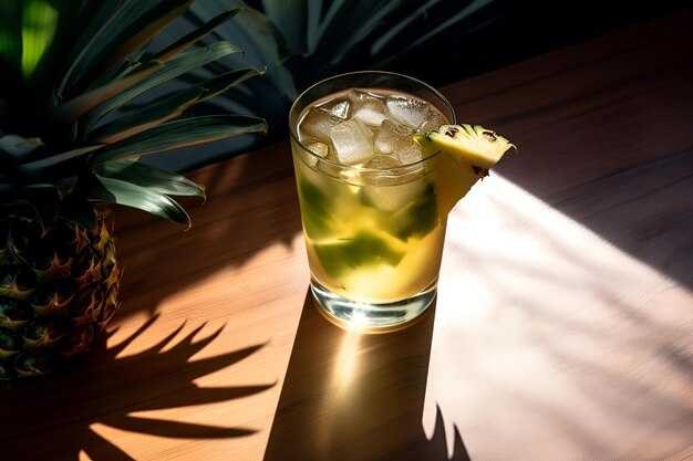 Photo pineapple tepache with summer shadow on wooden table generative ai