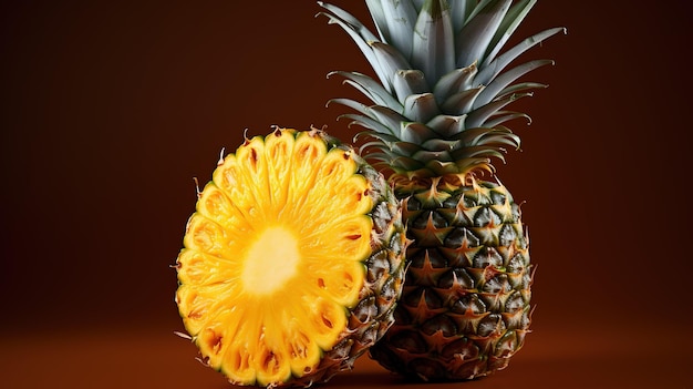 A pineapple that is cut in half and a half of it is yellow.