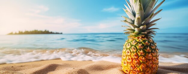 Pineapple on tropical beach background. Pineapple on the sand. Pineapple on the beach at sunset. copy paste. AI generative.