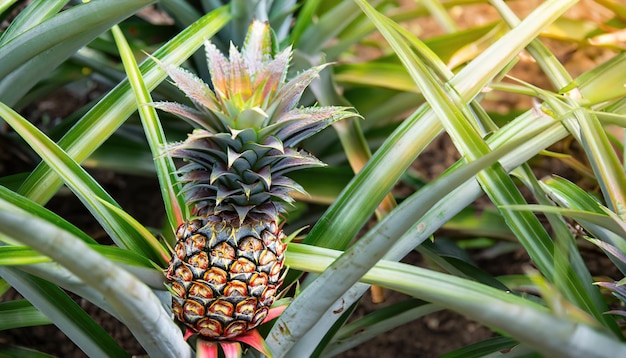 Photo pineapple tropical fruit growing in garden space for texture