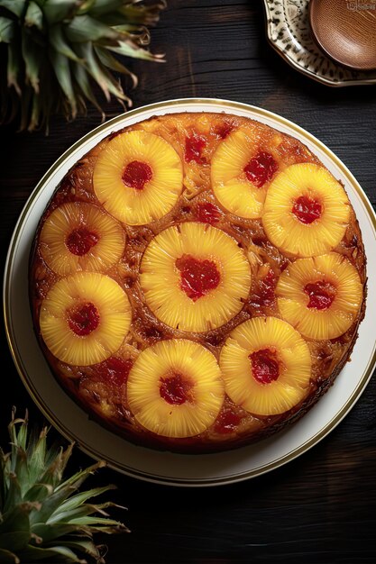 Пирог с ананасом вверх ногами с вершины на старой тарелке вкусный и классический десерт