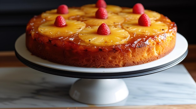 Pineapple upsidedown cake on a stand garnished with raspberries