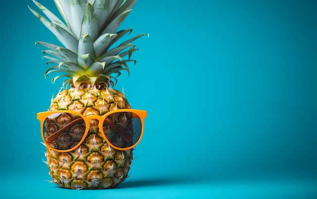 A pineapple wearing sunglasses on a blue background AI