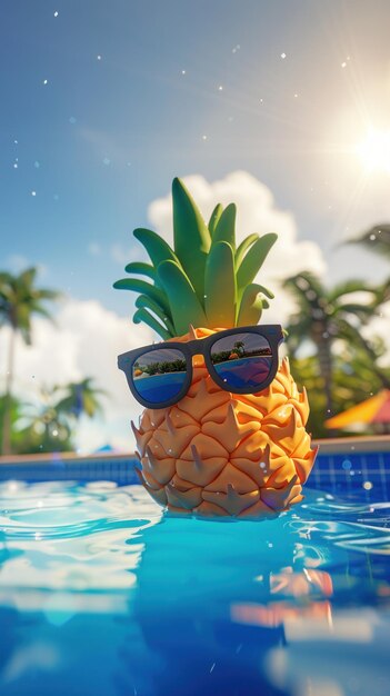 Foto un ananas con gli occhiali da sole che galleggia in una piscina di acqua blu limpida sotto il brillante sole estivo