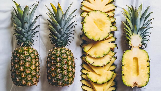 Pineapple whole half and slices top view on a white