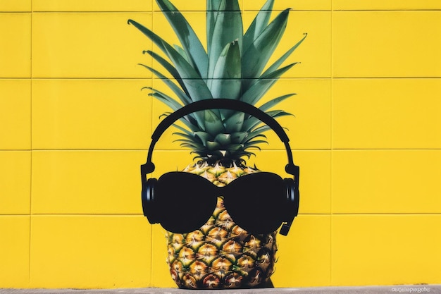 Photo a pineapple with black glasses and a headphone on it