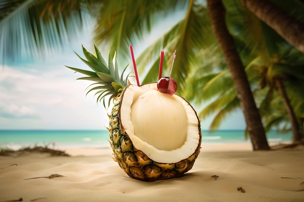 A pineapple with a cherry on it sits on a beach.