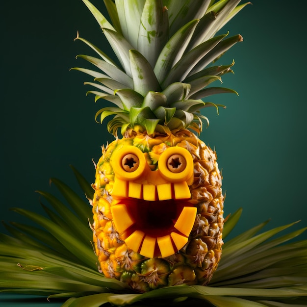 A pineapple with a face made out of eyes and a smile.