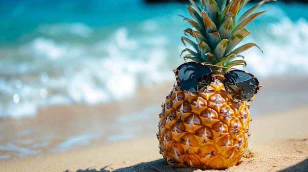 pineapple with glasses on the beach Selective focus