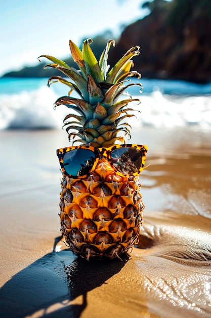 pineapple with glasses on the beach Selective focus