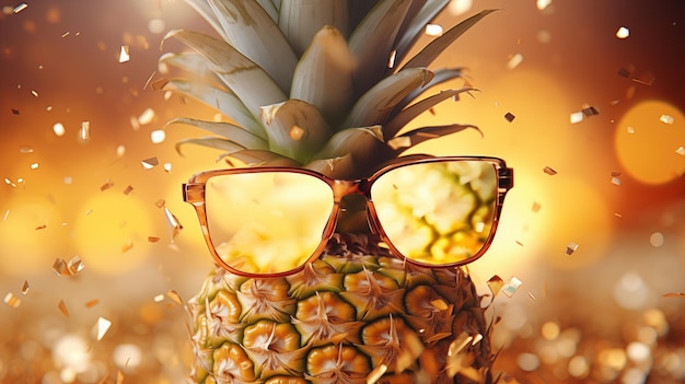 A pineapple with golden sunglasses golden confetti falls from above