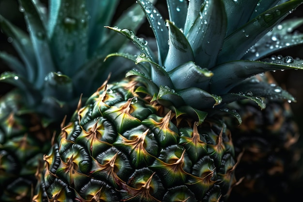A pineapple with green leaves and a blue and green leaf