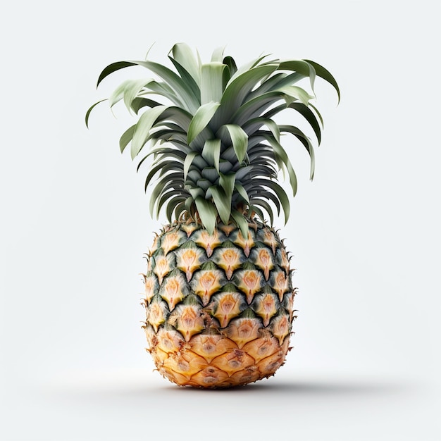 A pineapple with green leaves and a white background