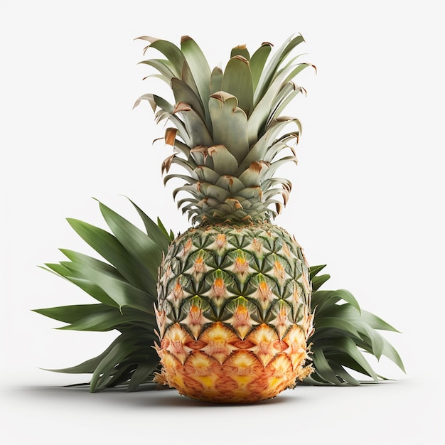 A pineapple with green leaves and a white background