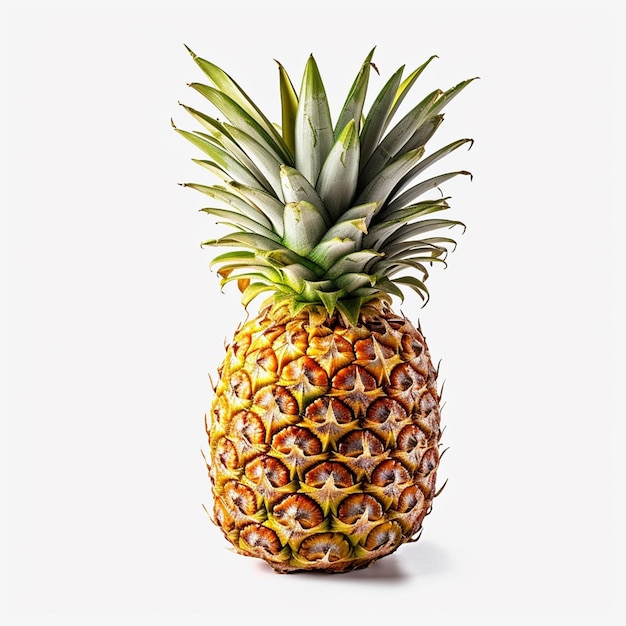 A pineapple with green leaves and a white background