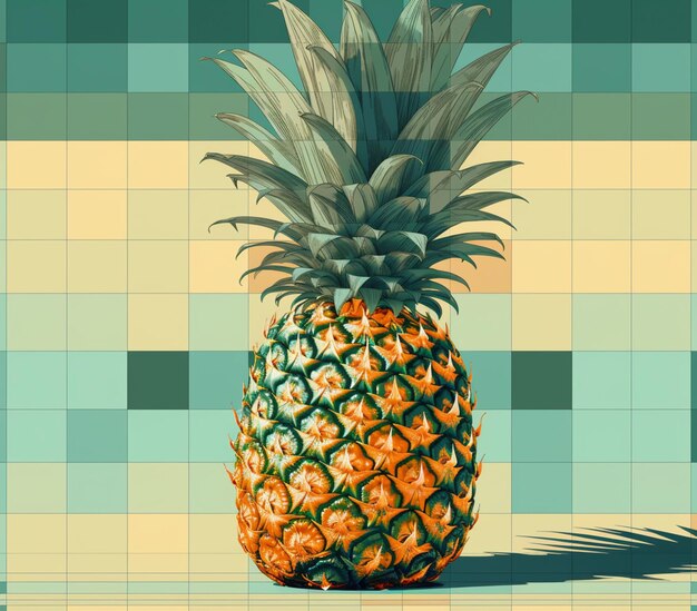 Photo a pineapple with a green and orange top sits on a blue and yellow checkered background.