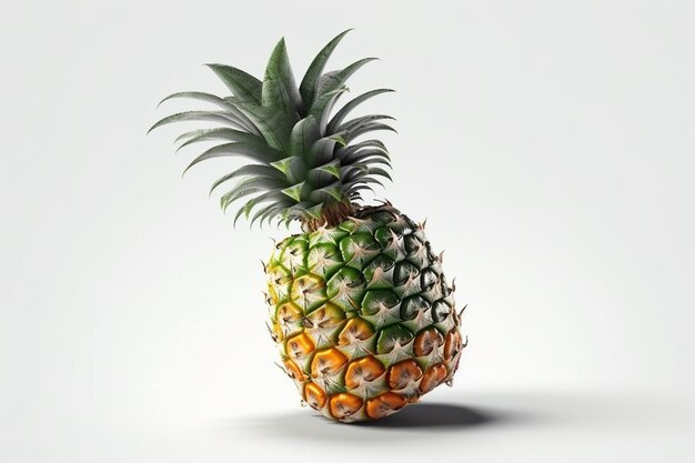 A pineapple with green and yellow leaves and white spots.