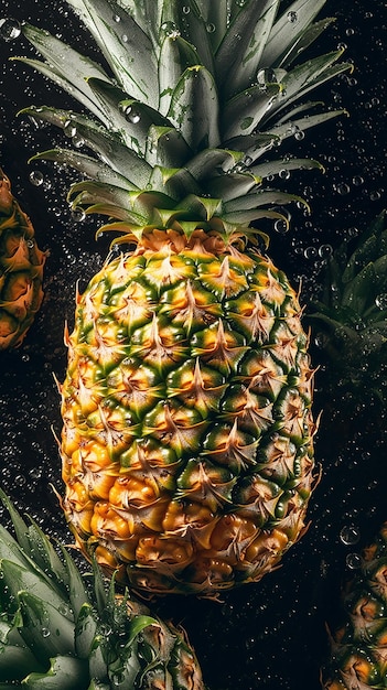 A pineapple with green and yellow stripes sits on a black background.