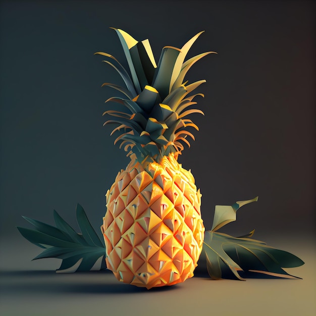 Pineapple with leaves on a dark background 3d illustration