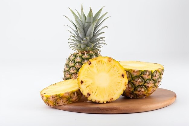 Pineapple with pineapple slices on white background