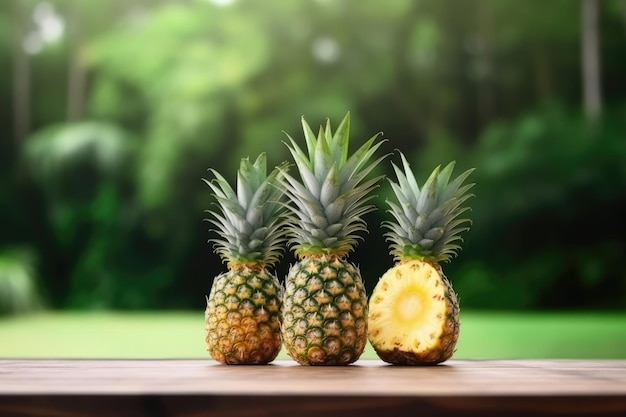 Pineapple with pineapple slices on wood background with green nature background