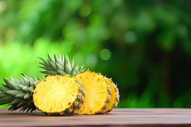 Pineapple with pineapple slices on wood background with green nature background