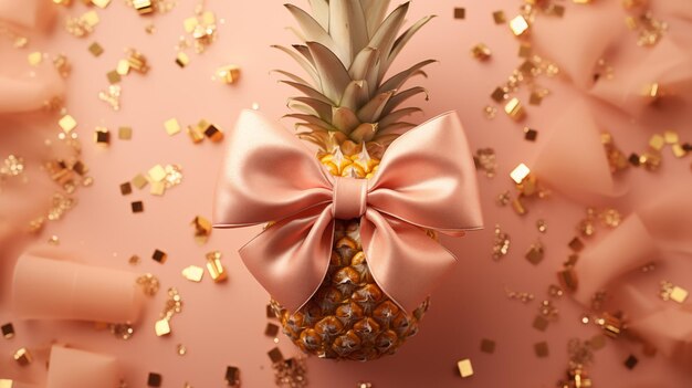 A pineapple with a pink bow lies on a peachcolored background and golden confetti is scattered