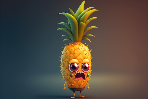 A pineapple with a sad face is on a dark background.