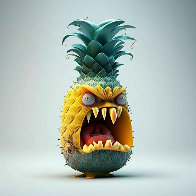 A pineapple with sharp teeth is showing a face and the word " pineapple ".