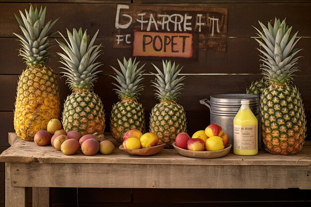 Photo pineapple with a sign advertising fresh fruit smoothies