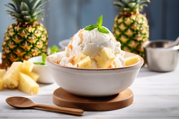 Pineapple with a slice cut out to form a bowl for ice cream